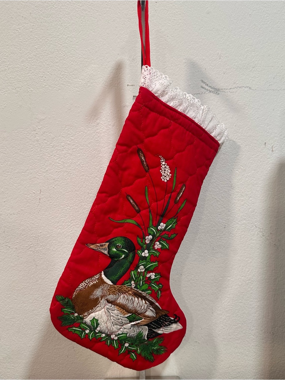 Vintage quilted Christmas stocking featuring Duck (Mallard)